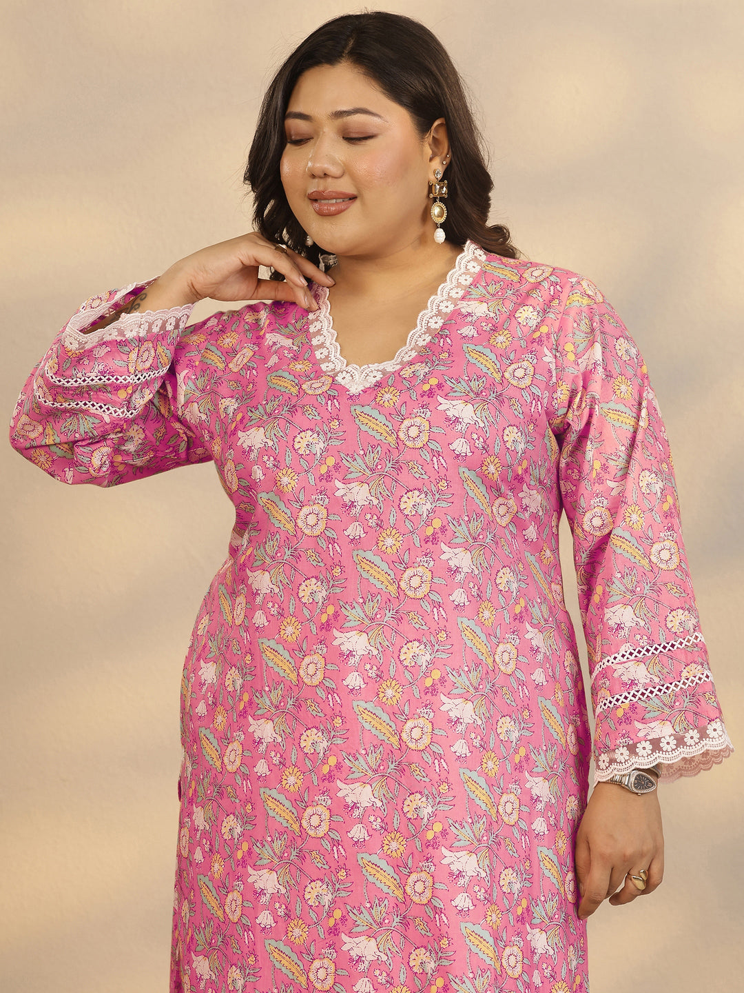 Plus Size Pink Printed Cotton Straight Kurta