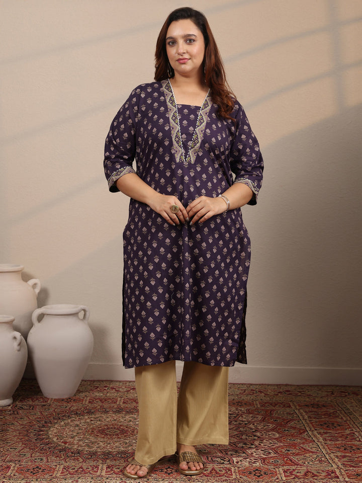Plus Size Purple Printed Cotton Straight Kurta