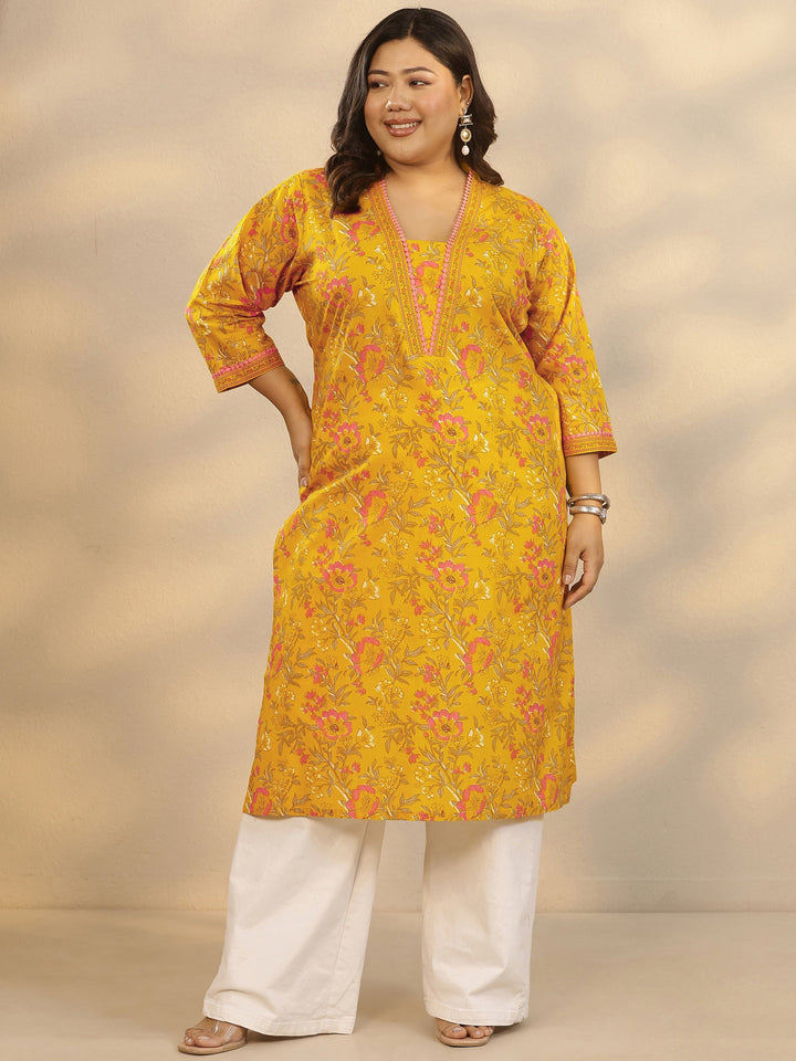 Plus Size Mustard Printed Cotton Straight Kurta