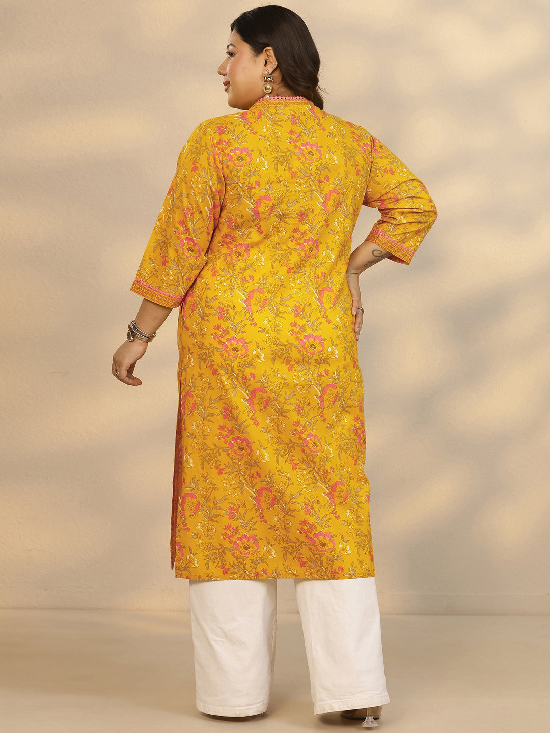 Plus Size Mustard Printed Cotton Straight Kurta