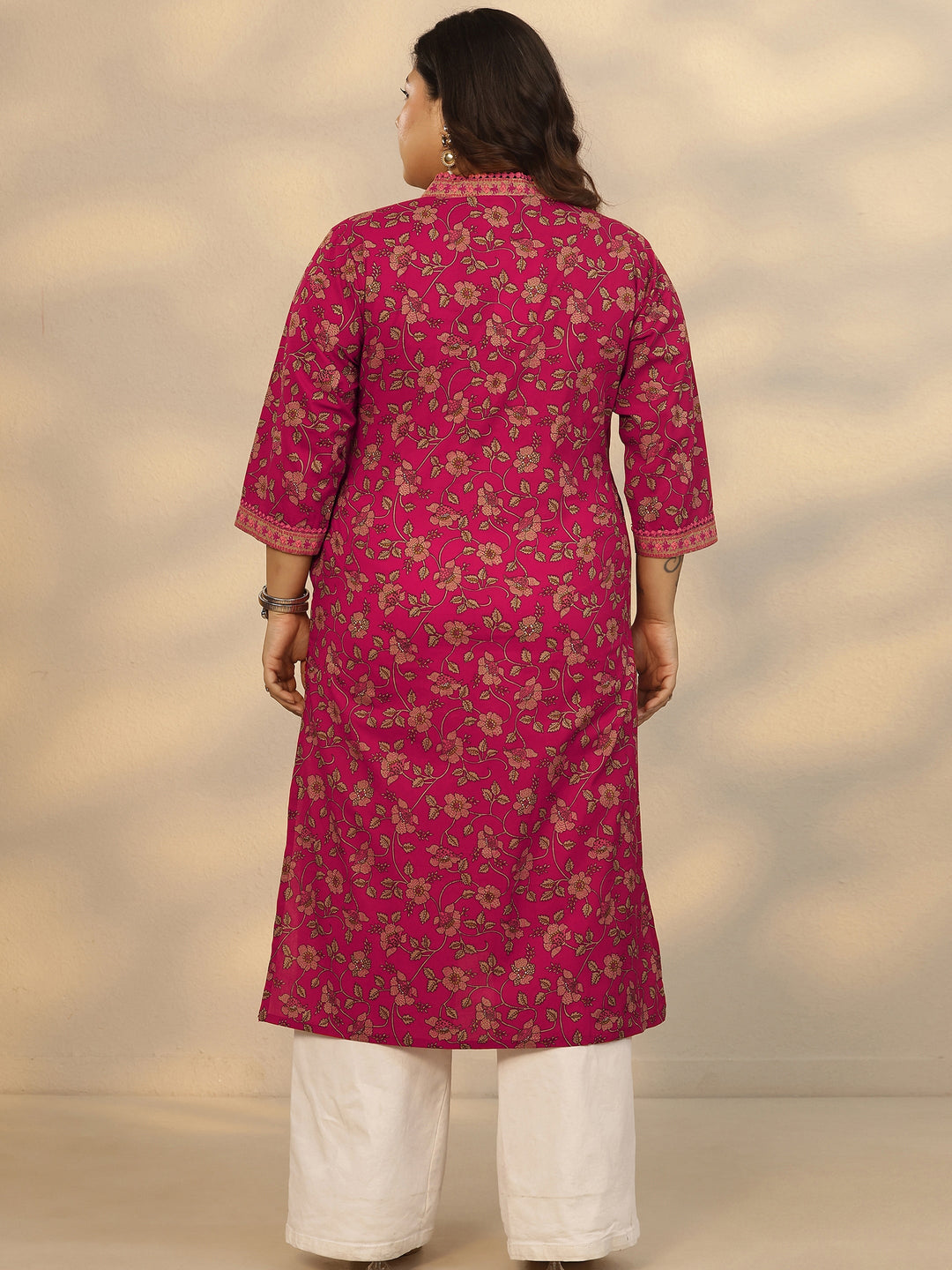 Plus Size Pink Printed Cotton Straight Kurta