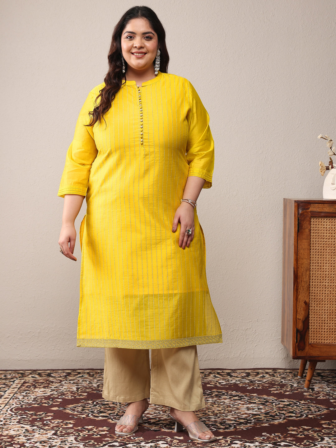 Plus Size Yellow Striped Embroidered Silk Blend Straight Kurta