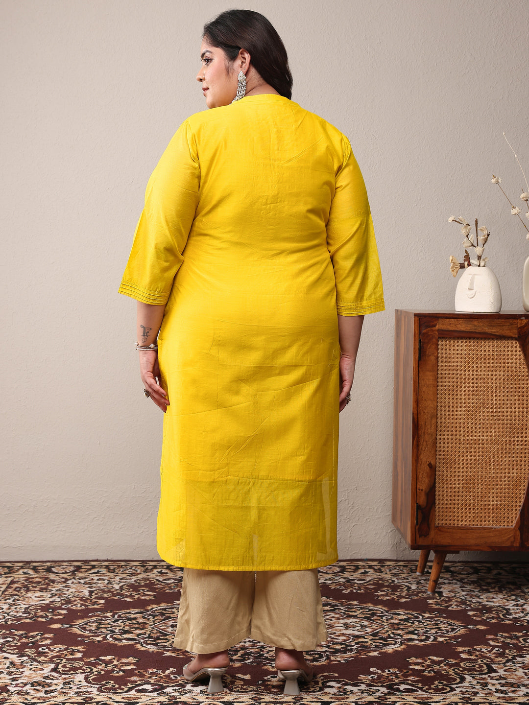 Plus Size Yellow Striped Embroidered Silk Blend Straight Kurta