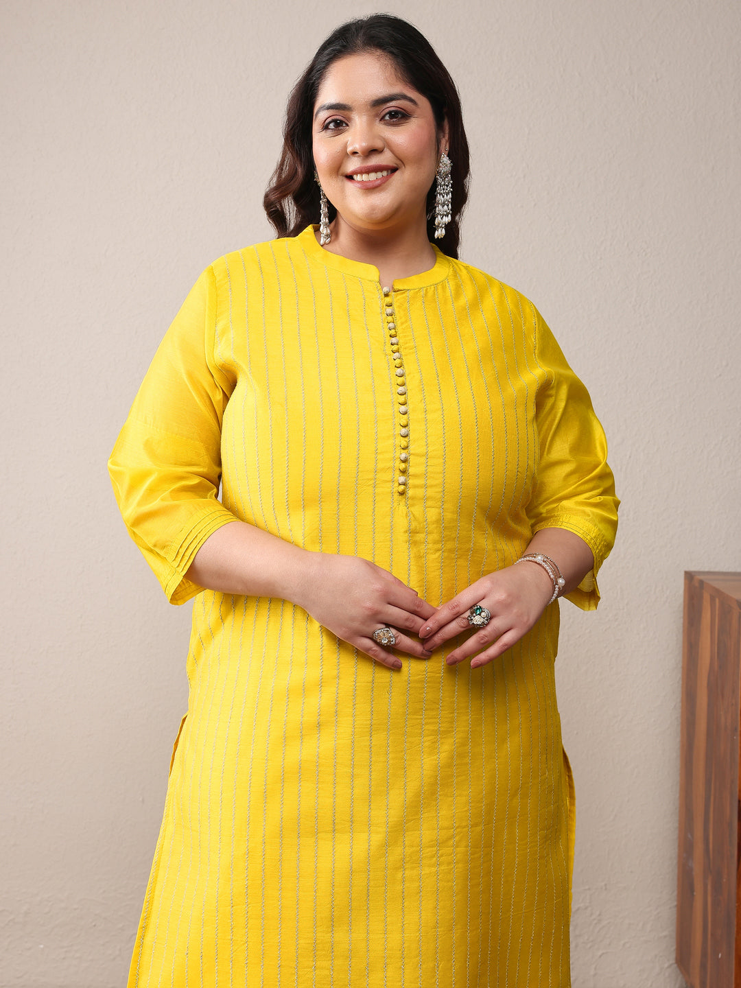 Plus Size Yellow Striped Embroidered Silk Blend Straight Kurta