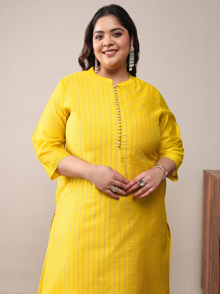 Plus Size Yellow Striped Embroidered Silk Blend Straight Kurta