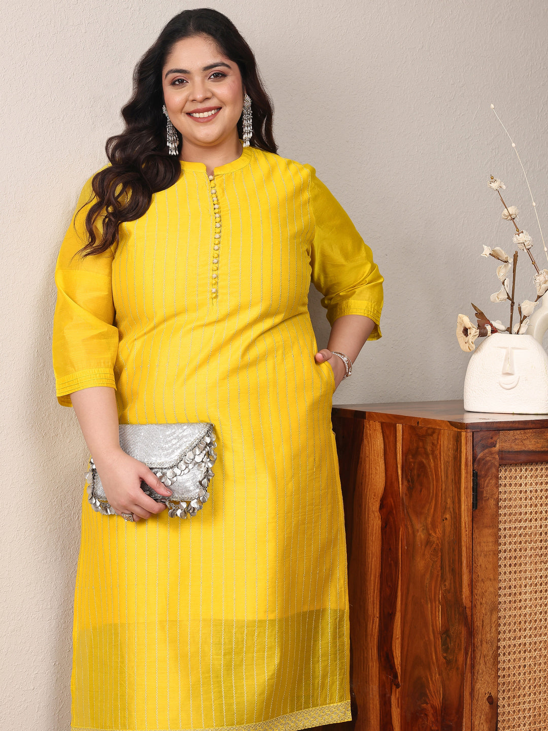 Plus Size Yellow Striped Embroidered Silk Blend Straight Kurta