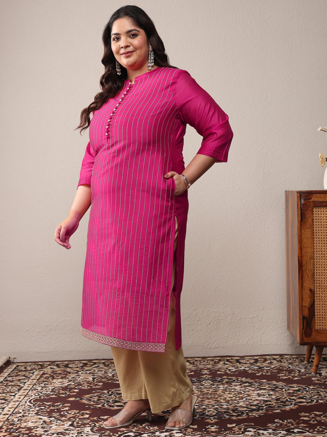 Plus Size Pink Striped Embroidered Silk Blend Straight Kurta