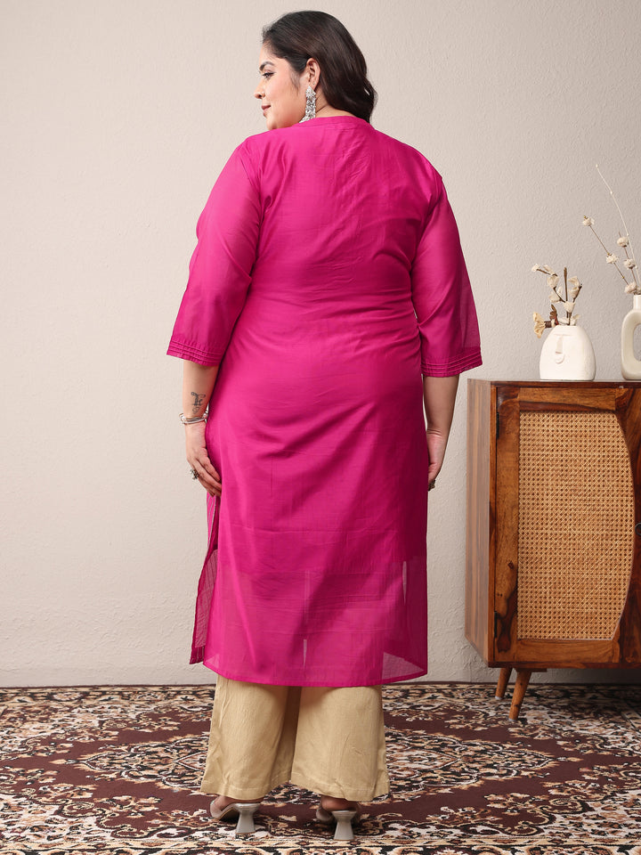 Plus Size Pink Striped Embroidered Silk Blend Straight Kurta