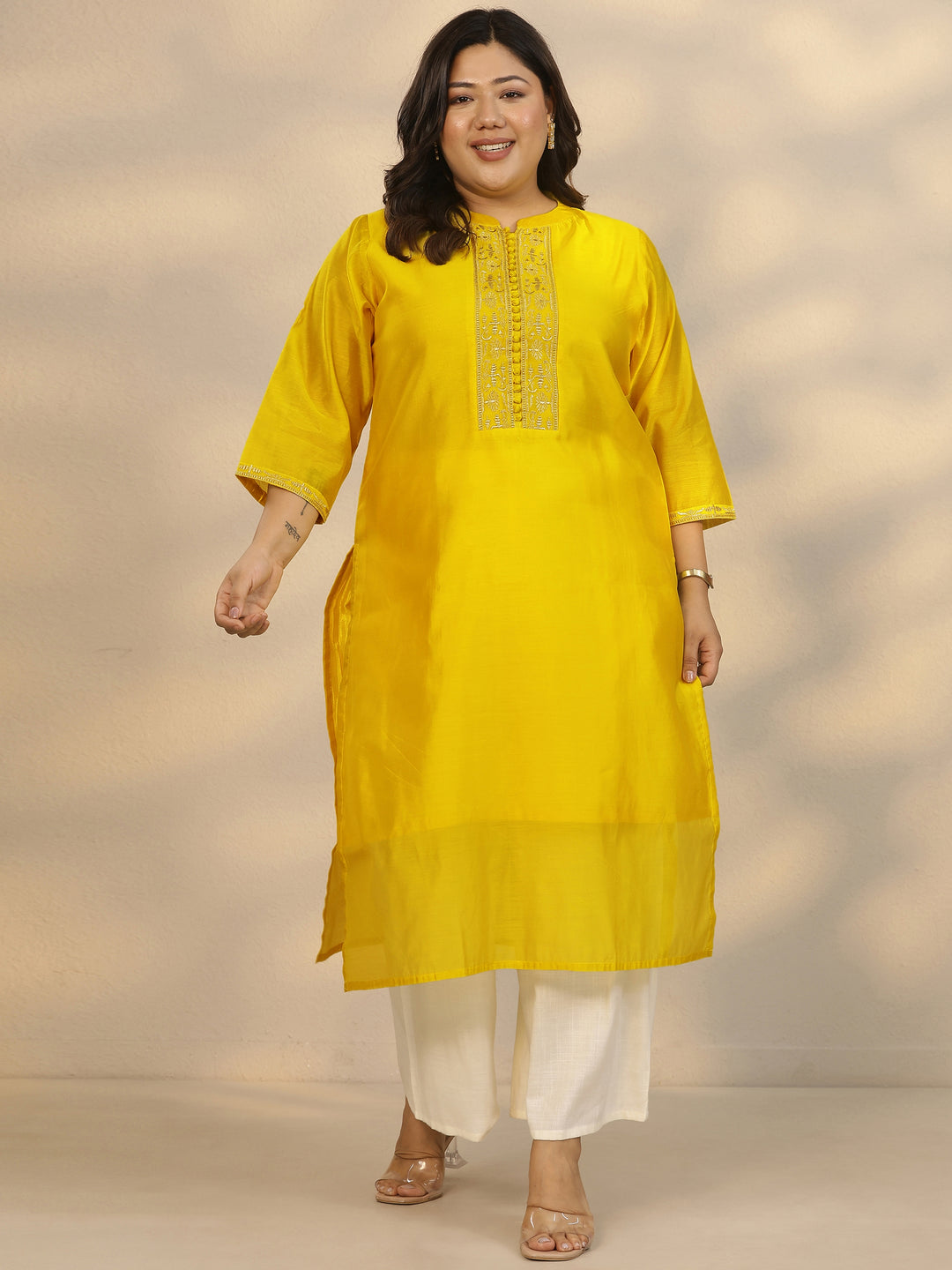 Plus Size Yellow Yoke Design Silk Blend Straight Kurta