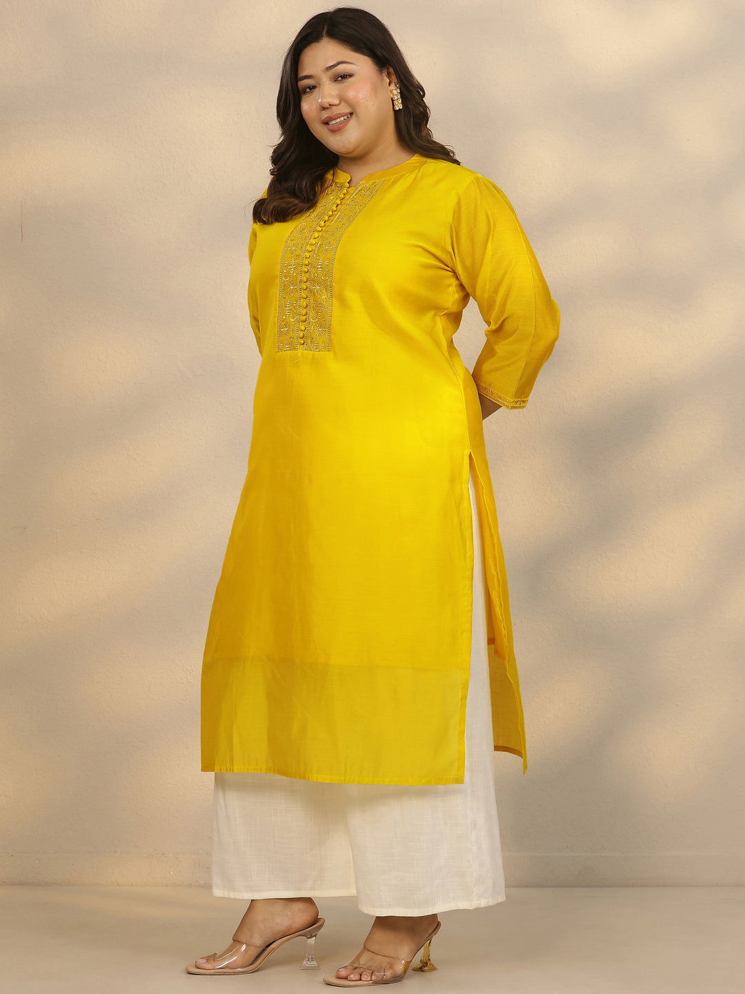 Plus Size Yellow Yoke Design Silk Blend Straight Kurta