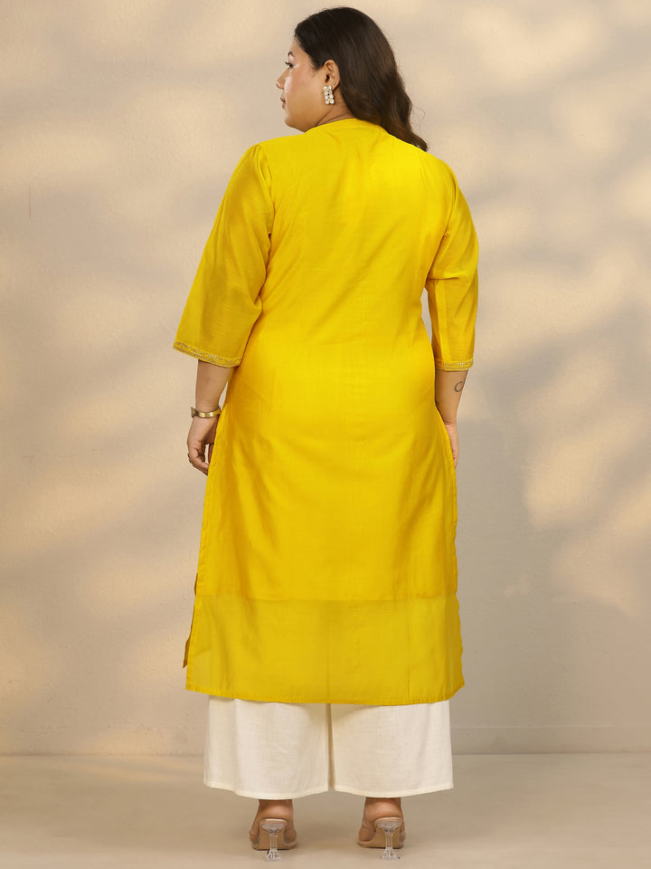 Plus Size Yellow Yoke Design Silk Blend Straight Kurta