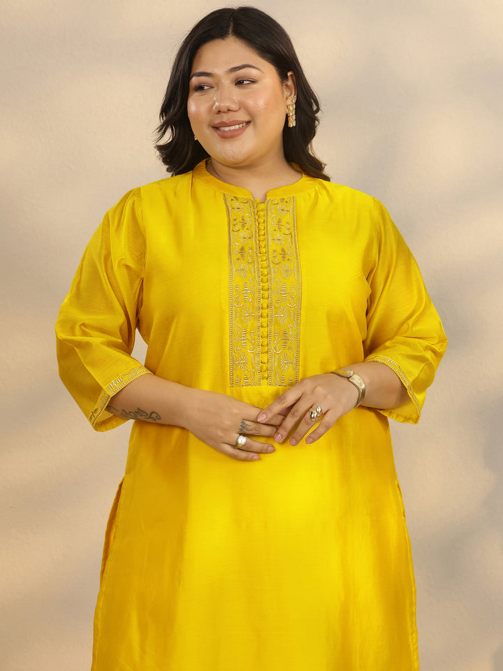 Plus Size Yellow Yoke Design Silk Blend Straight Kurta