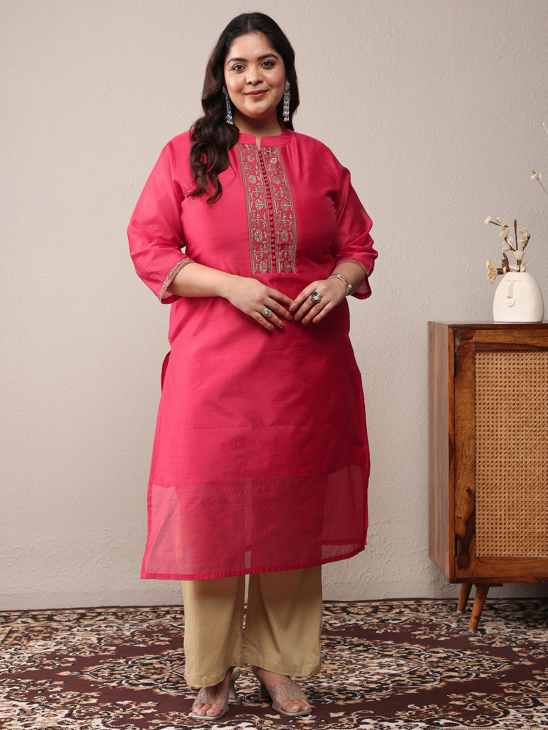 Plus Size Red Embroidered Silk Blend Straight Kurta