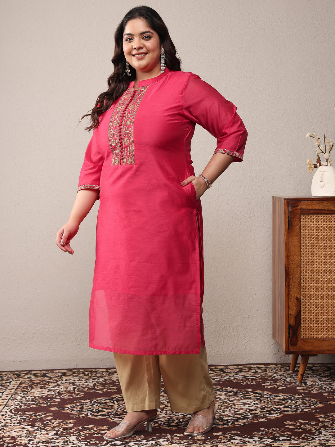 Plus Size Red Embroidered Silk Blend Straight Kurta