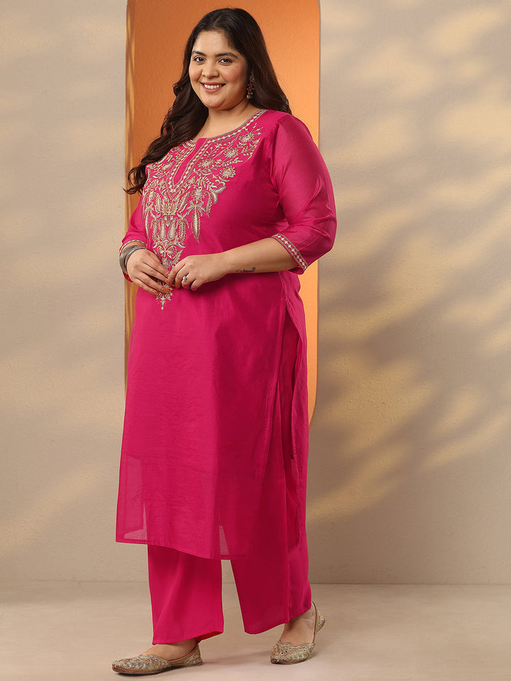 Plus Size Pink Embroidered Silk Blend Straight Kurta