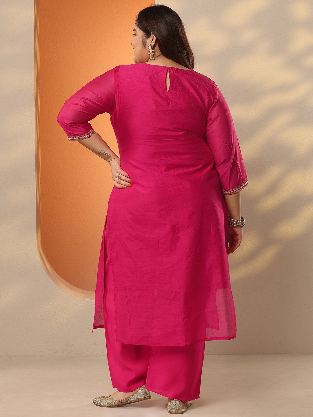 Plus Size Pink Embroidered Silk Blend Straight Kurta