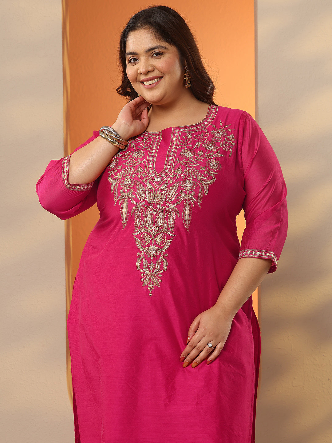 Plus Size Pink Embroidered Silk Blend Straight Kurta
