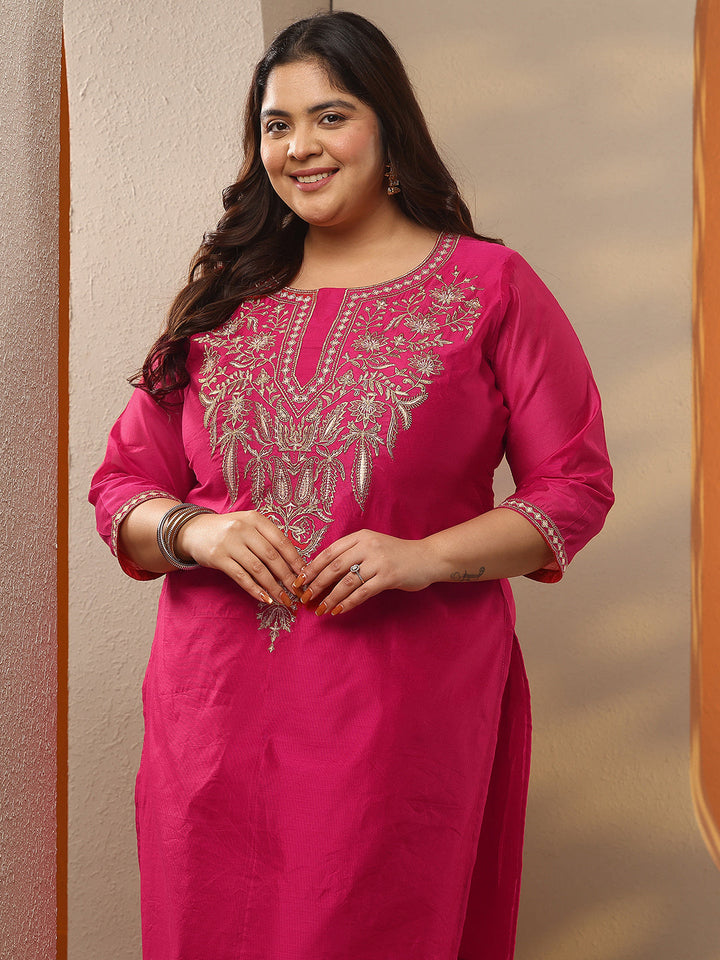 Plus Size Pink Embroidered Silk Blend Straight Kurta