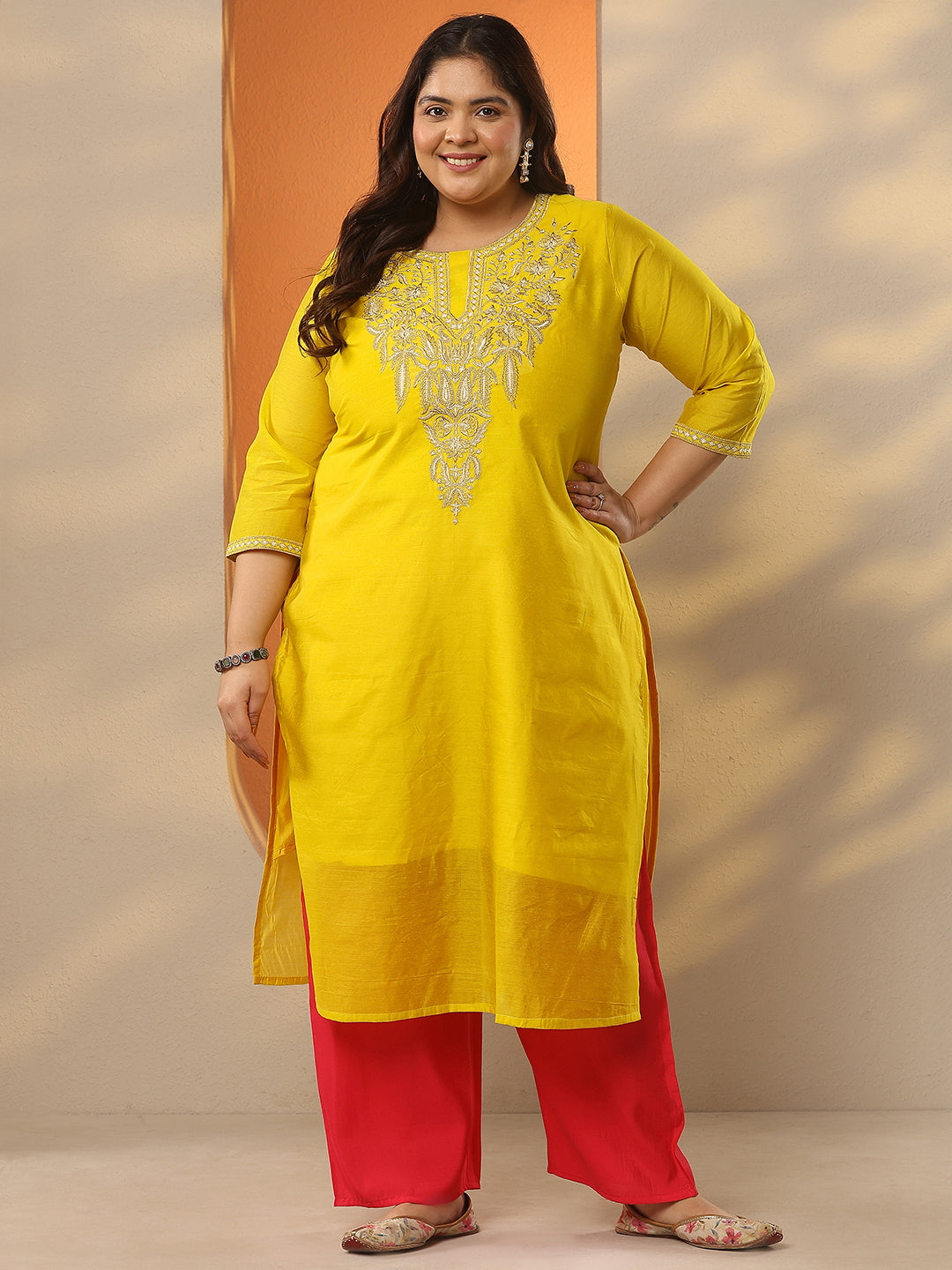 Plus Size Mustard Embroidered Silk Blend Straight Kurta