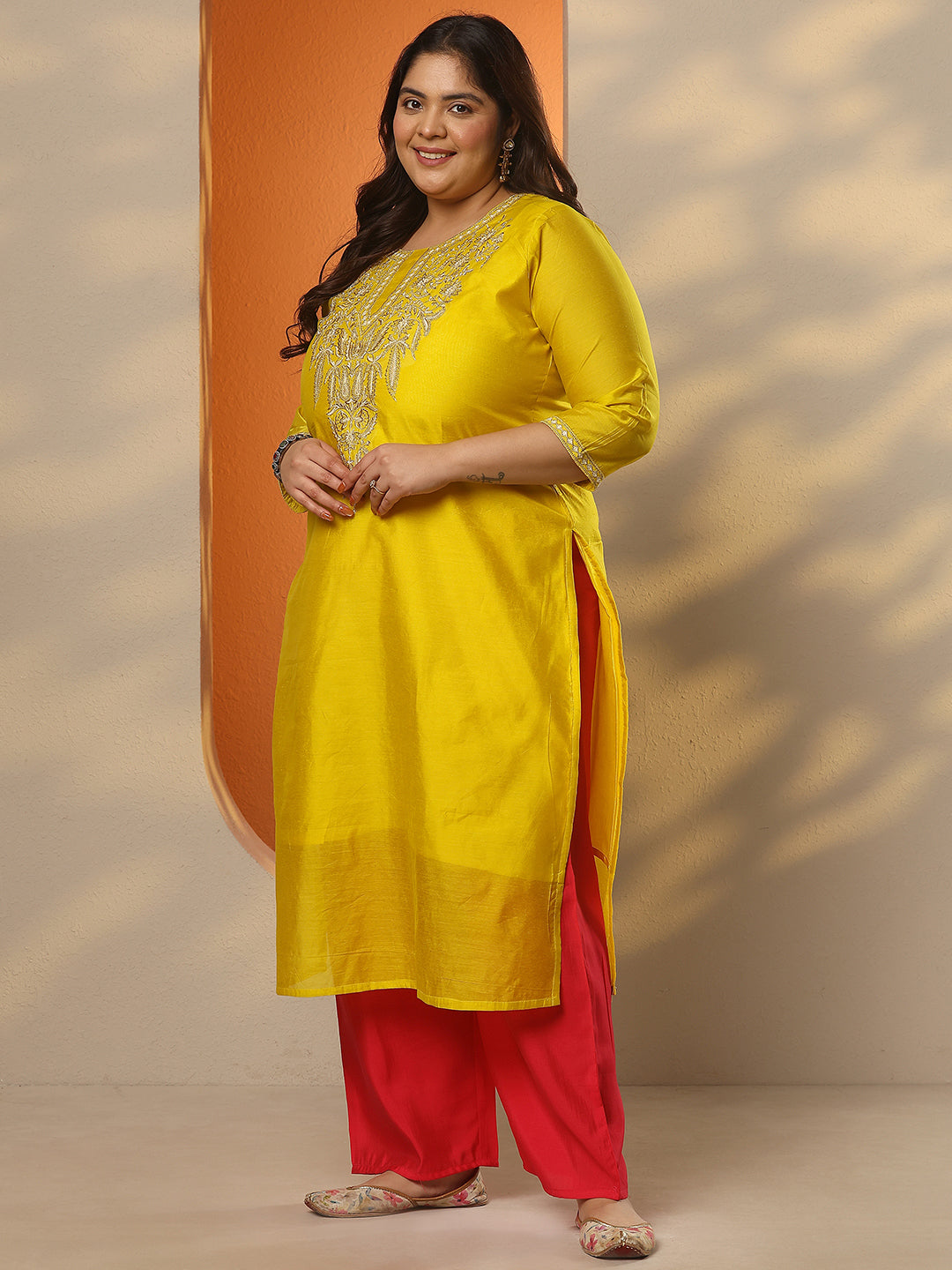 Plus Size Mustard Embroidered Silk Blend Straight Kurta
