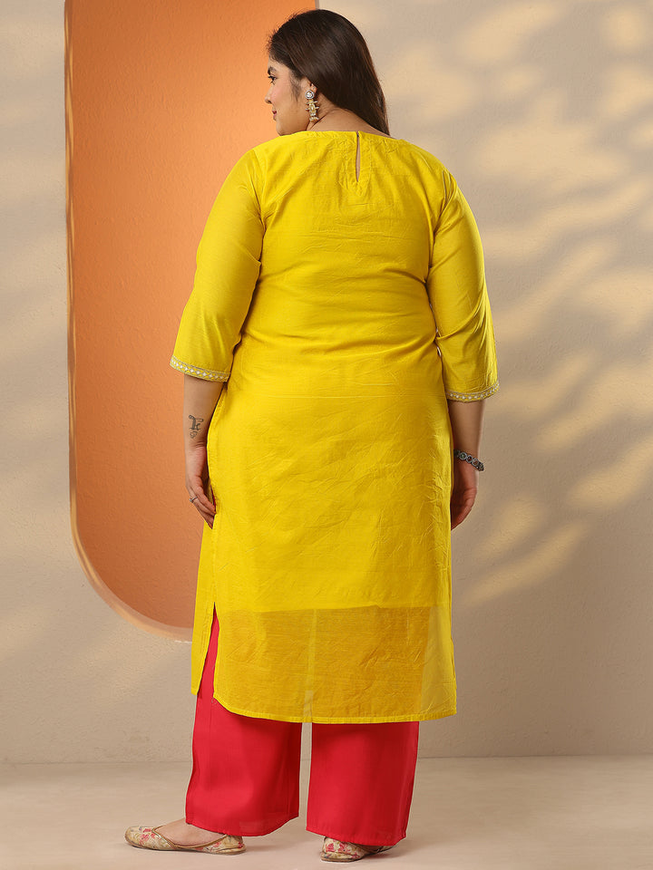 Plus Size Mustard Embroidered Silk Blend Straight Kurta