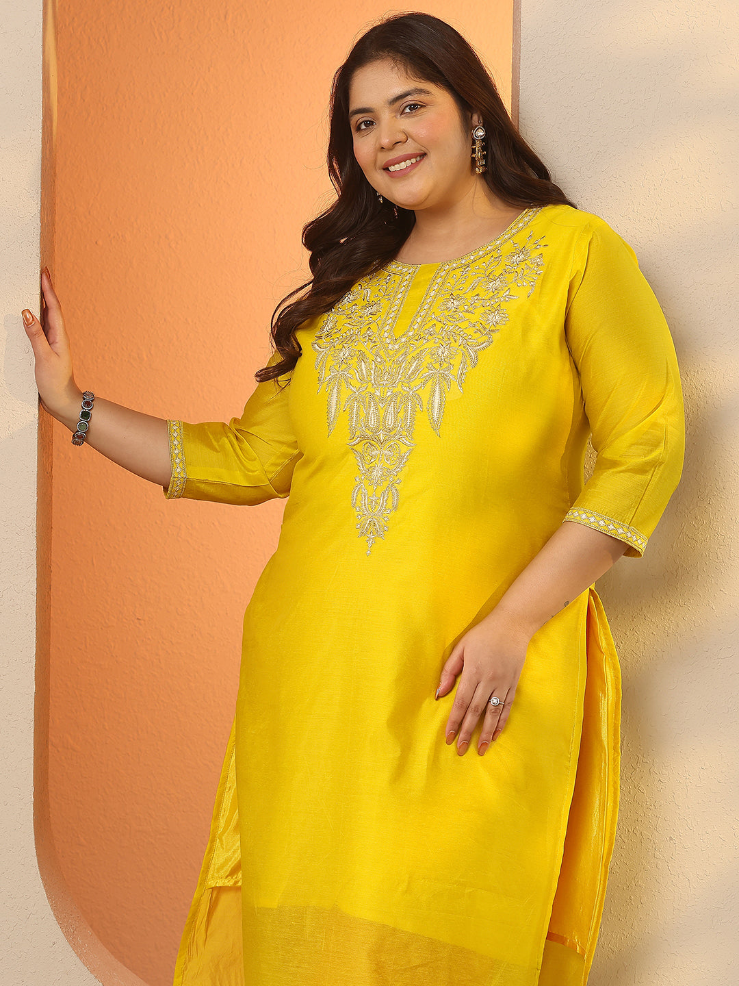 Plus Size Mustard Embroidered Silk Blend Straight Kurta