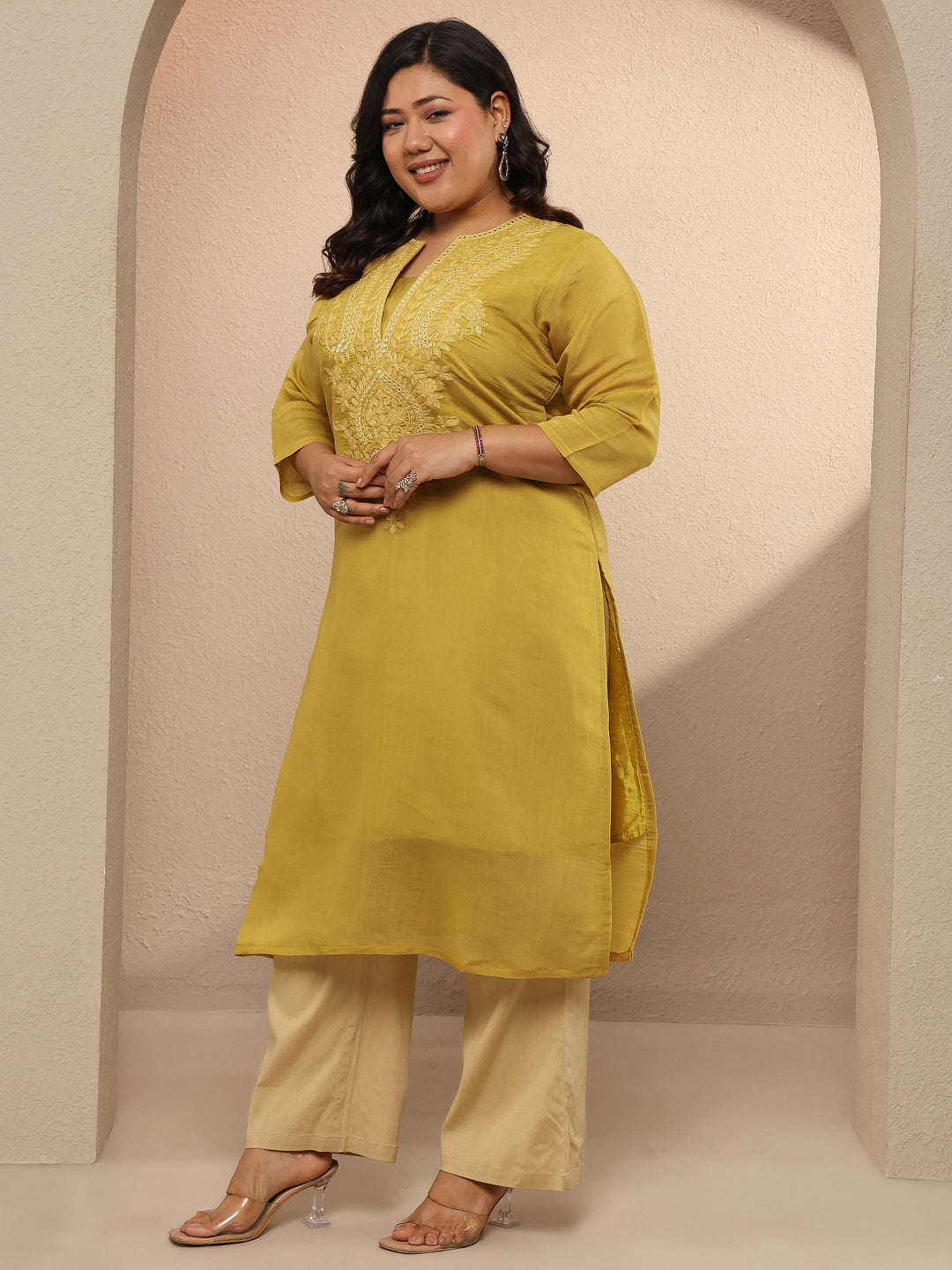 Plus Size Mustard Embroidered Silk Blend Straight Kurta