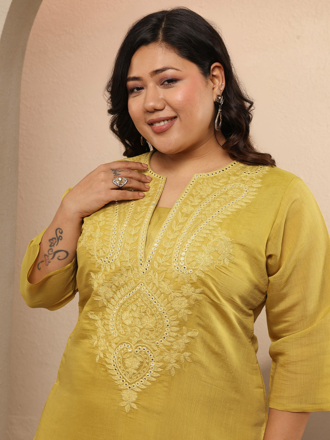 Plus Size Mustard Embroidered Silk Blend Straight Kurta