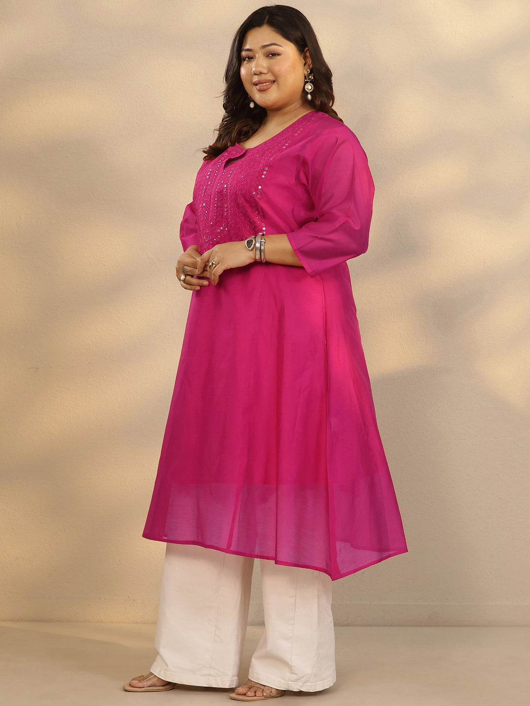 Plus Size Pink Yoke Design Silk Blend A-Line Kurta
