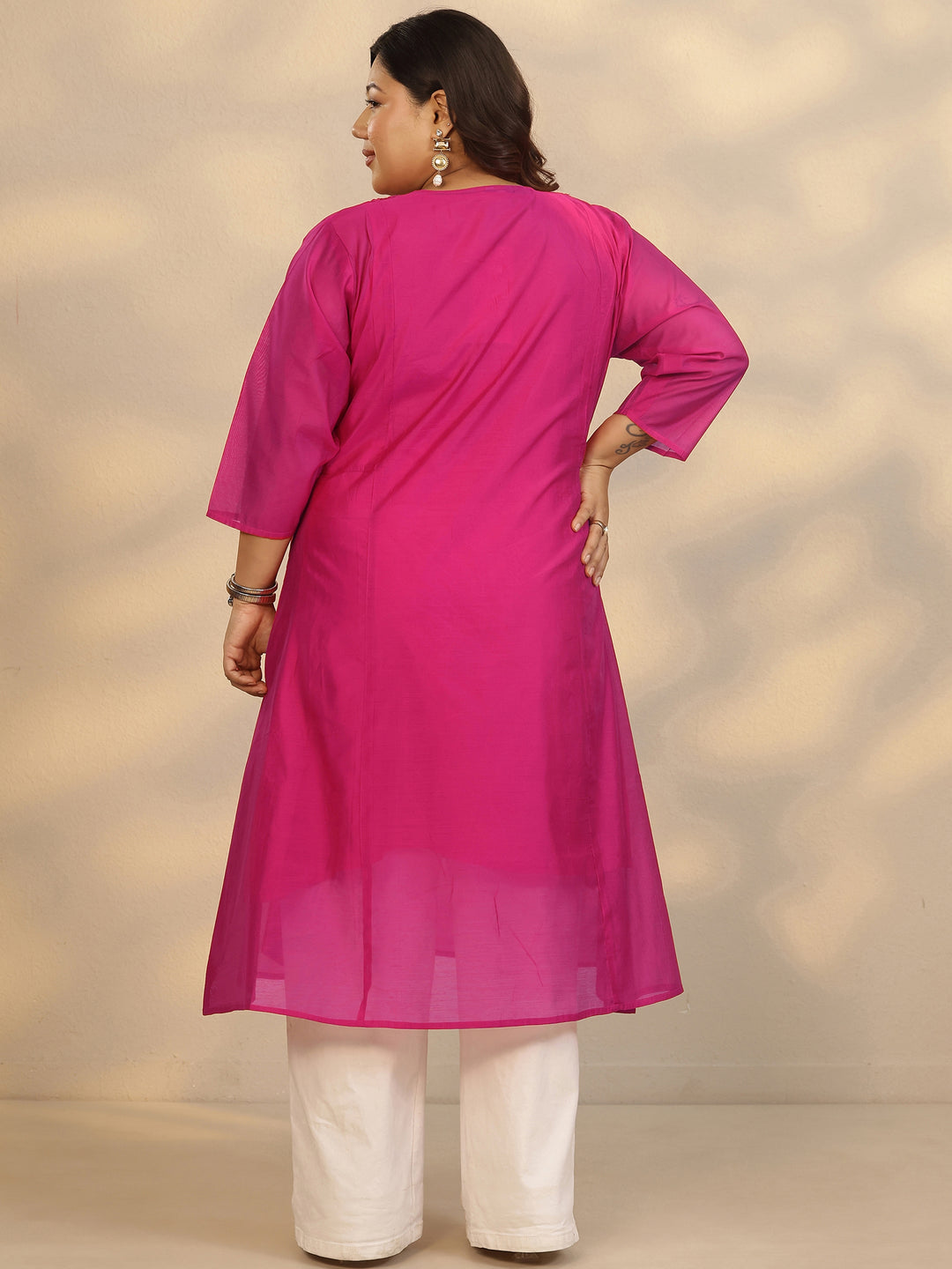 Plus Size Pink Yoke Design Silk Blend A-Line Kurta