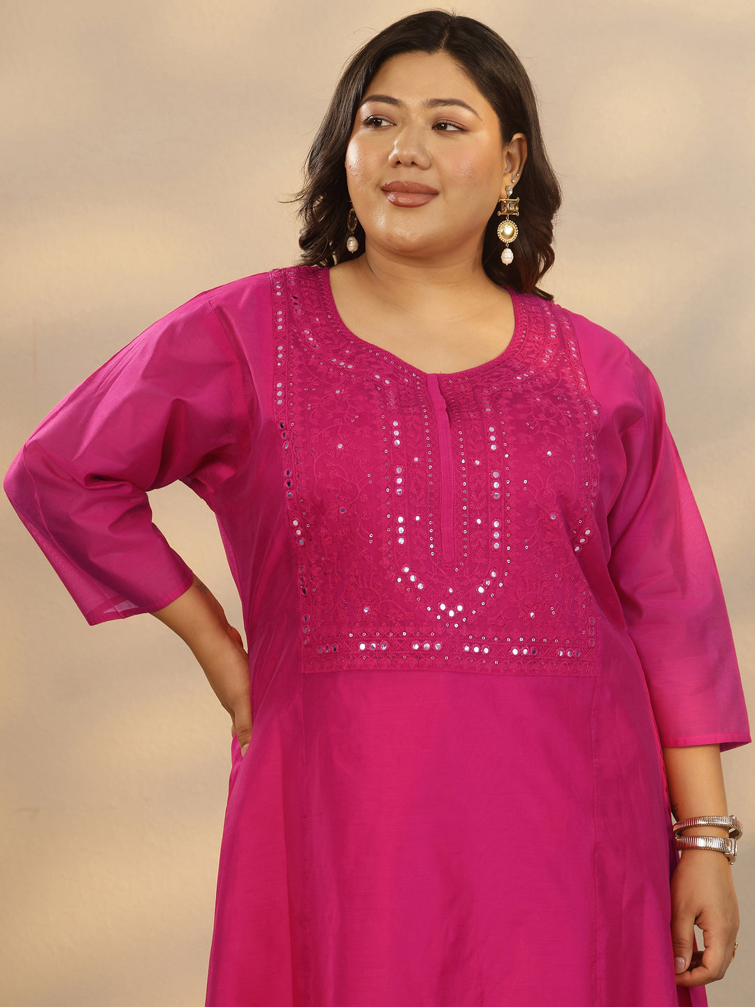Plus Size Pink Yoke Design Silk Blend A-Line Kurta