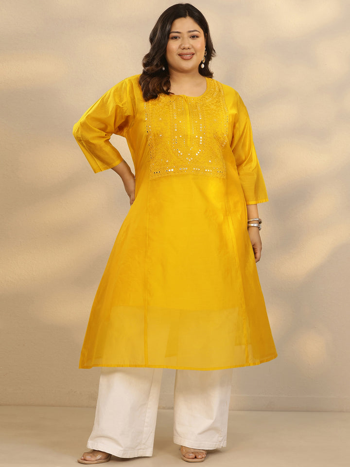 Plus Size Mustard Yoke Design Silk Blend A-Line Kurta