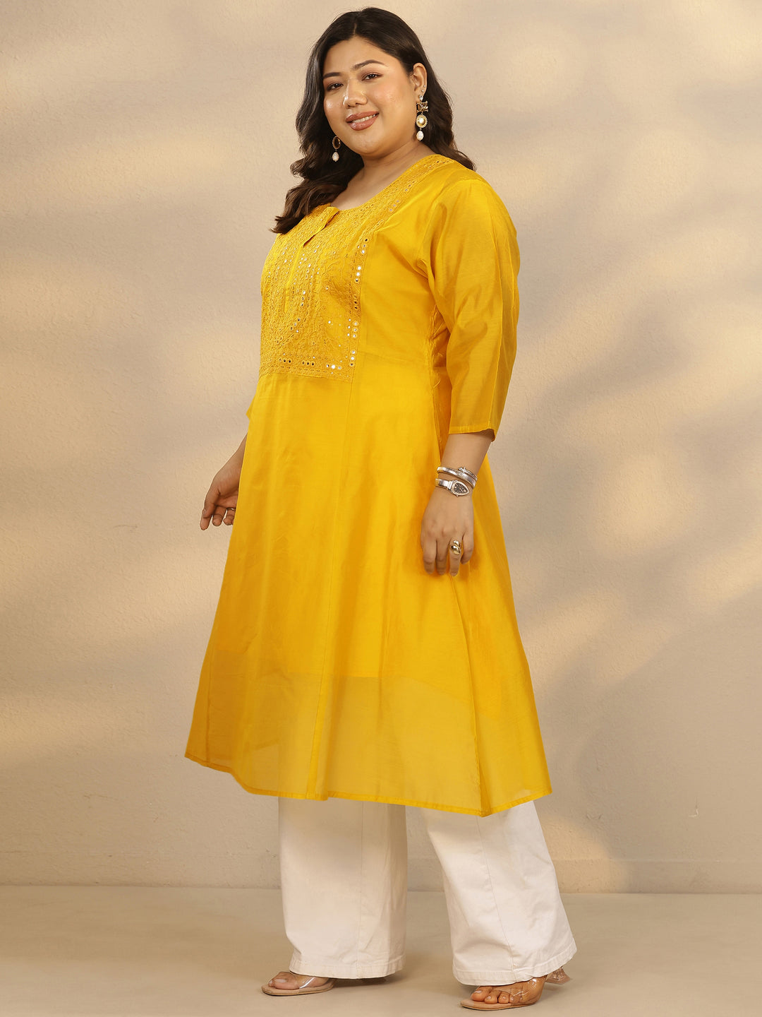 Plus Size Mustard Yoke Design Silk Blend A-Line Kurta