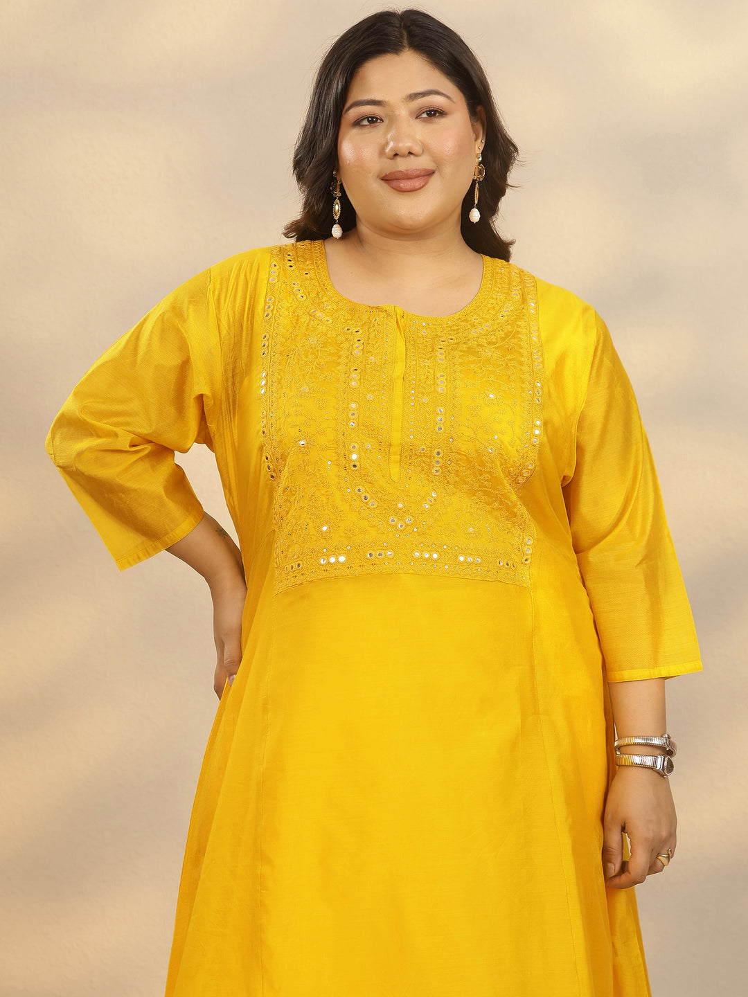 Plus Size Mustard Yoke Design Silk Blend A-Line Kurta