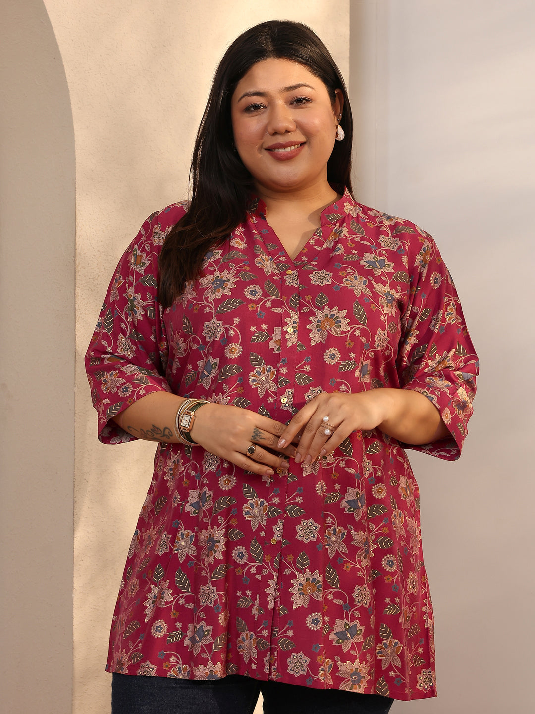 Plus Size Maroon Printed Silk Blend Straight Short Kurti