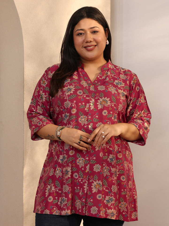 Plus Size Maroon Printed Silk Blend Straight Short Kurti