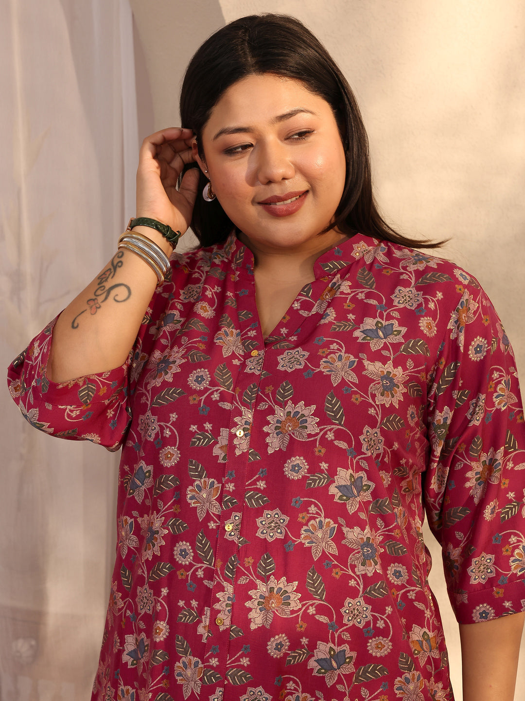 Plus Size Maroon Printed Silk Blend Straight Short Kurti