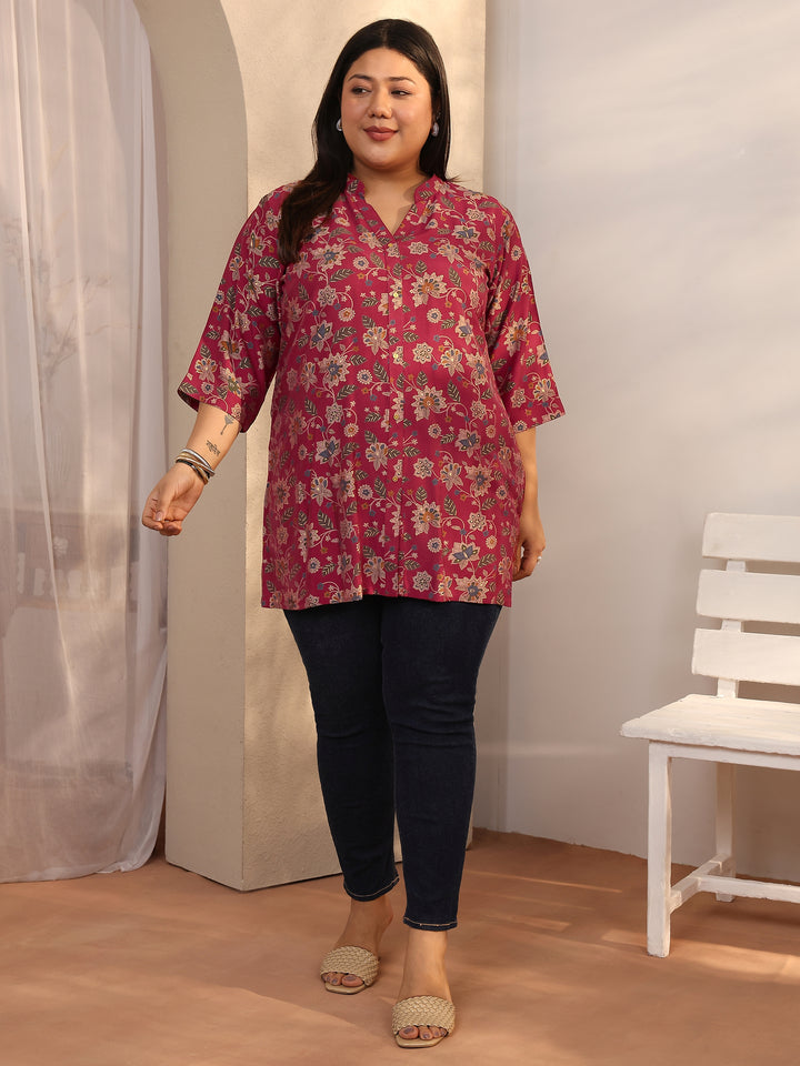 Plus Size Maroon Printed Silk Blend Straight Short Kurti