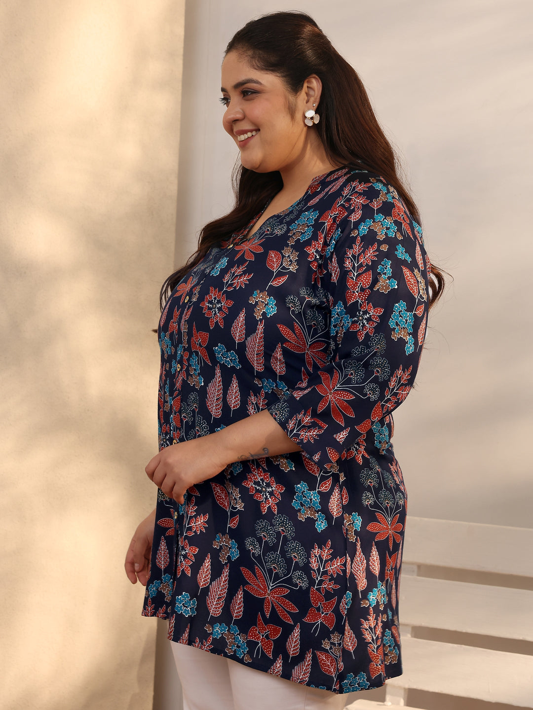 Plus Size Navy Blue Printed Silk Blend Straight Short Kurti