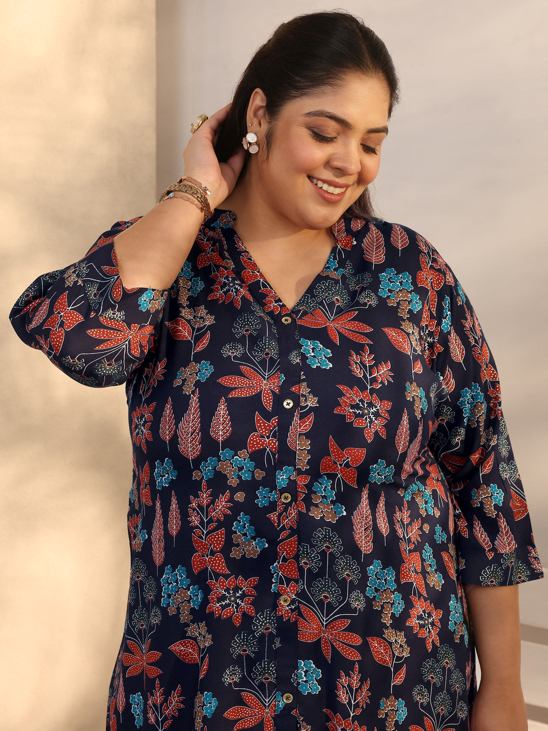 Plus Size Navy Blue Printed Silk Blend Straight Short Kurti