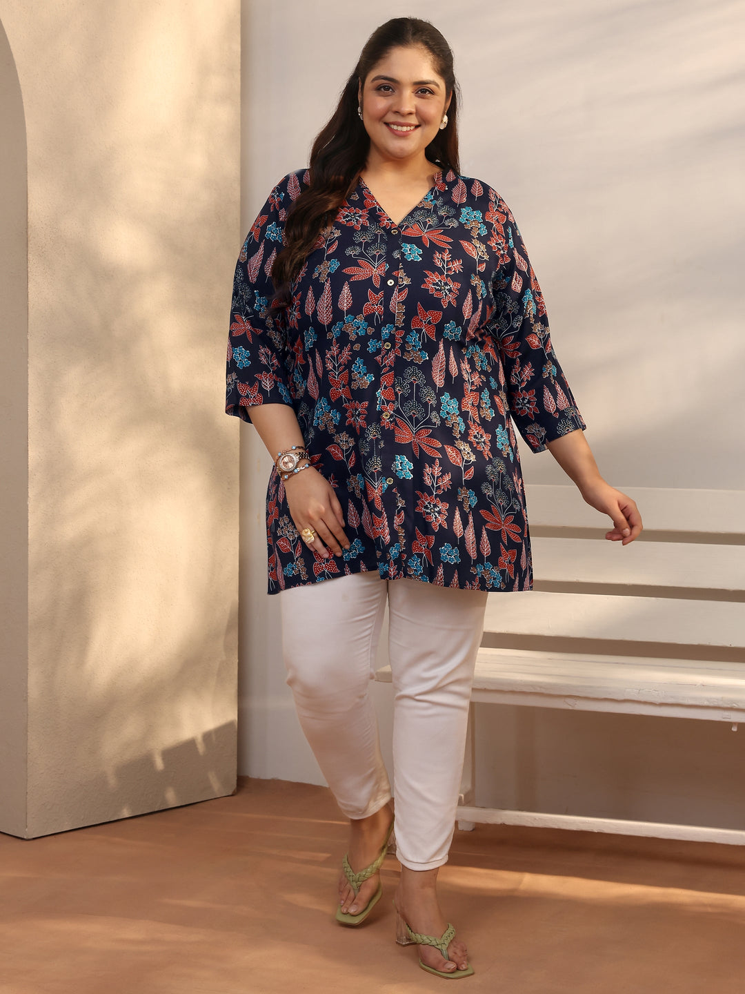 Plus Size Navy Blue Printed Silk Blend Straight Short Kurti