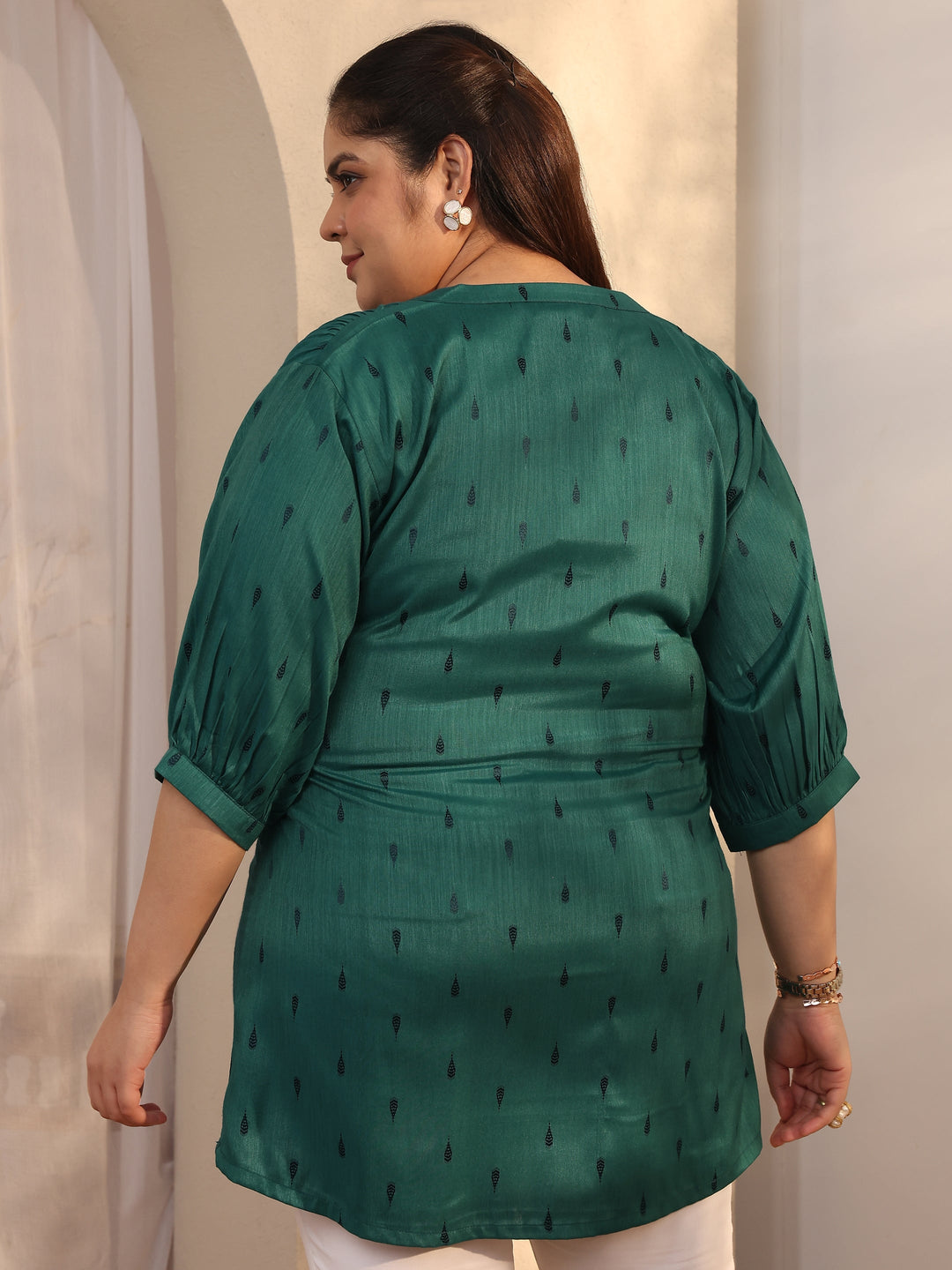 Plus Size Teal Woven Design Rayon Straight Short Kurti