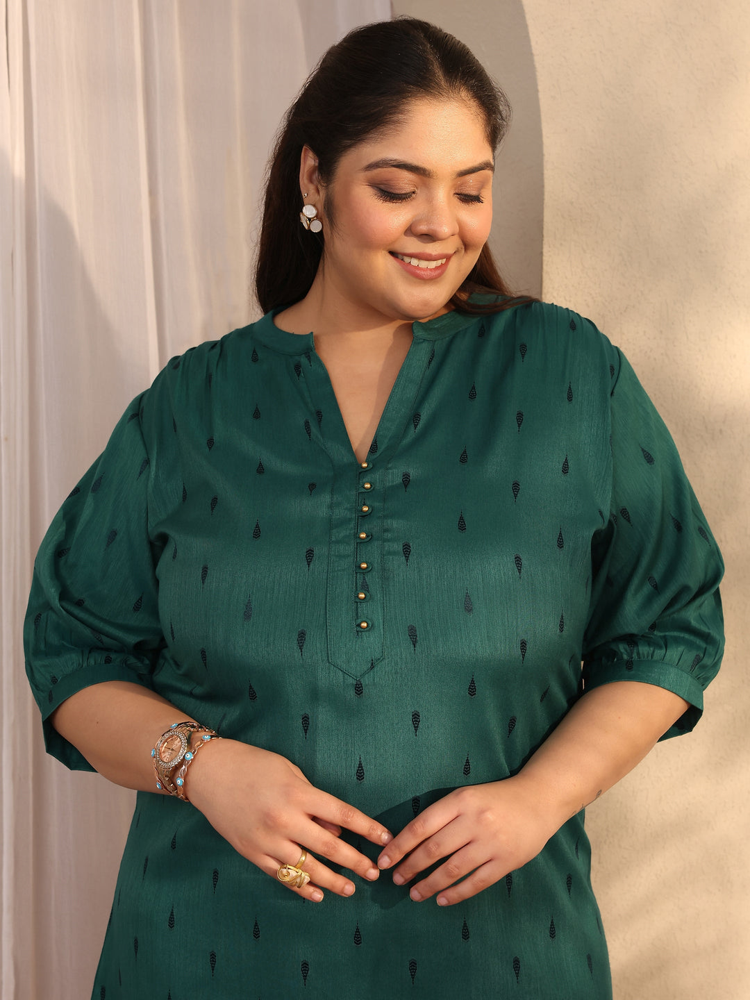 Plus Size Teal Woven Design Rayon Straight Short Kurti