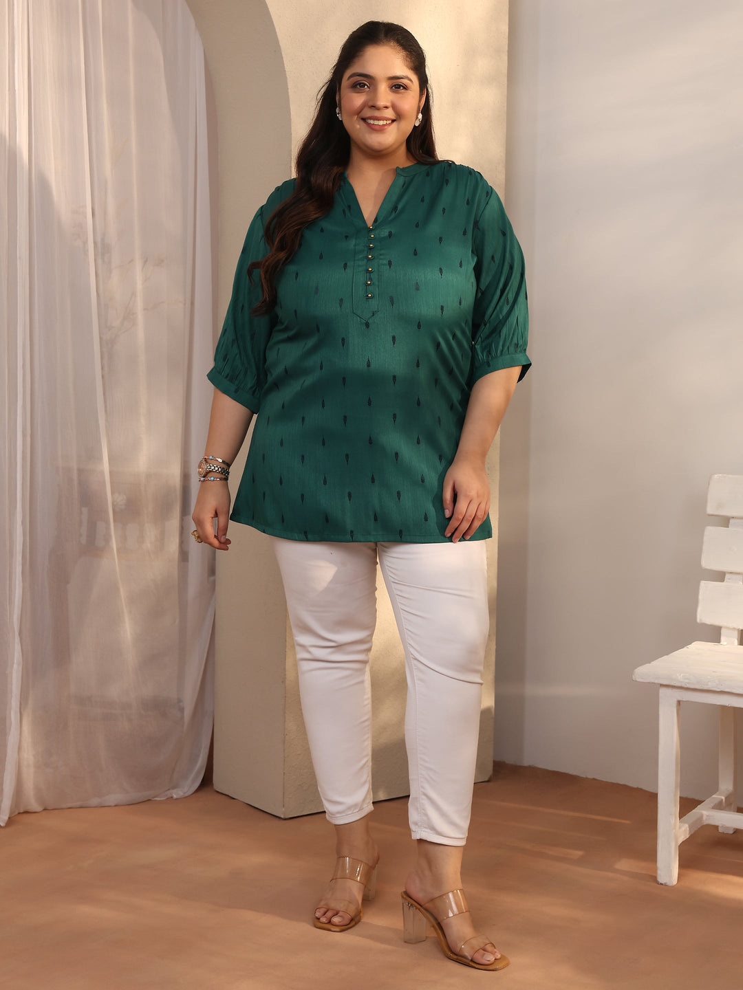 Plus Size Teal Woven Design Rayon Straight Short Kurti