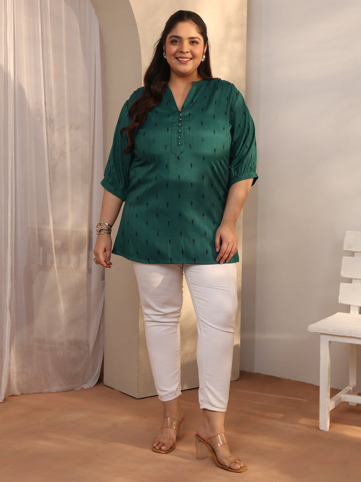 Plus Size Teal Woven Design Rayon Straight Short Kurti