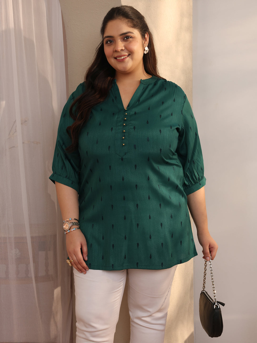 Plus Size Teal Woven Design Rayon Straight Short Kurti