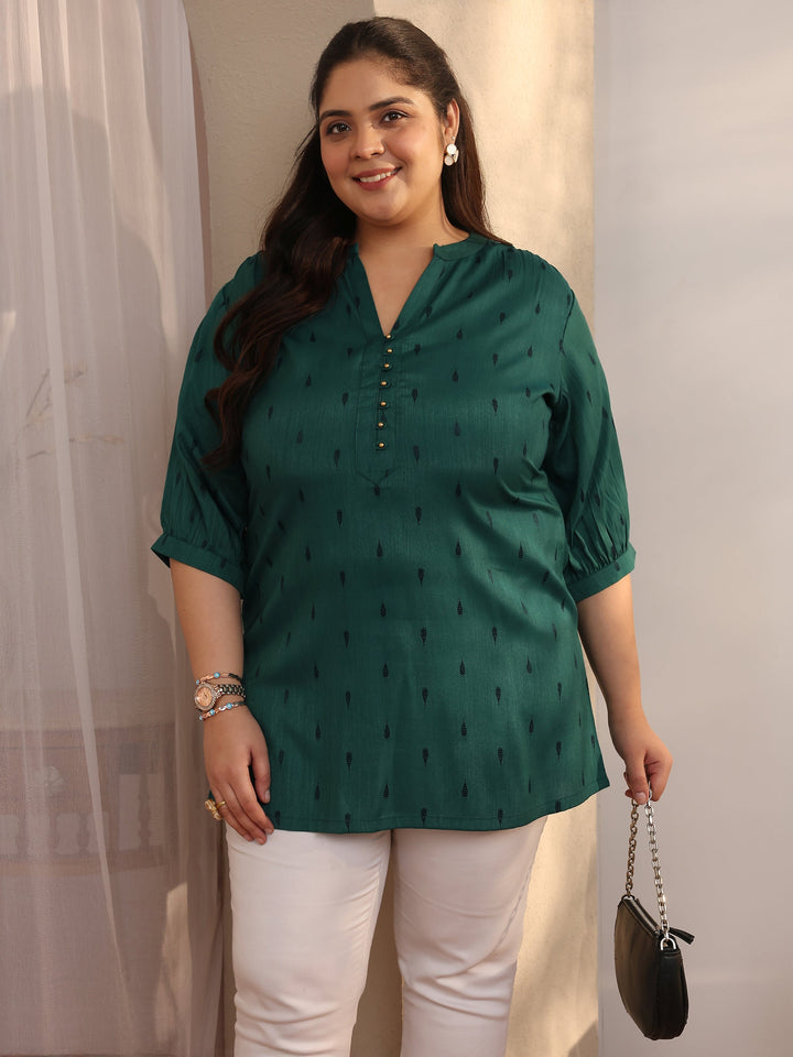 Plus Size Teal Woven Design Rayon Straight Short Kurti