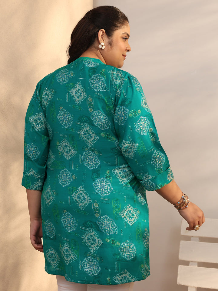 Plus Size Blue Printed Silk Blend Straight Short Kurti