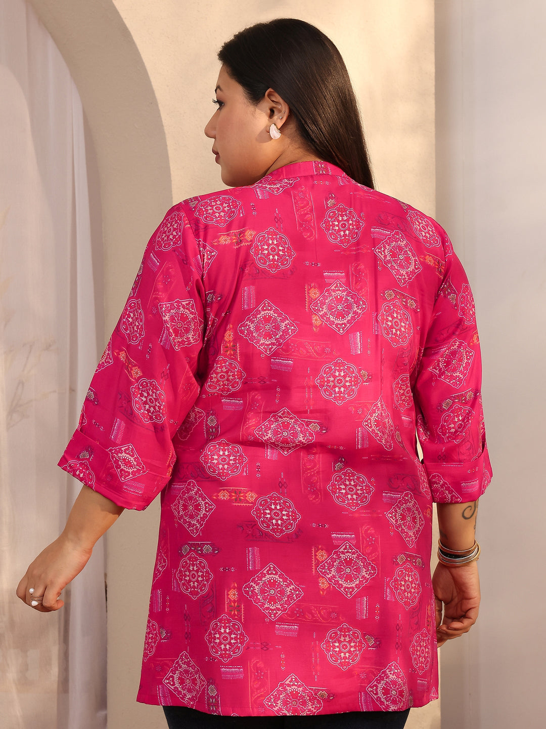 Plus Size Pink Printed Silk Blend Straight Short Kurti