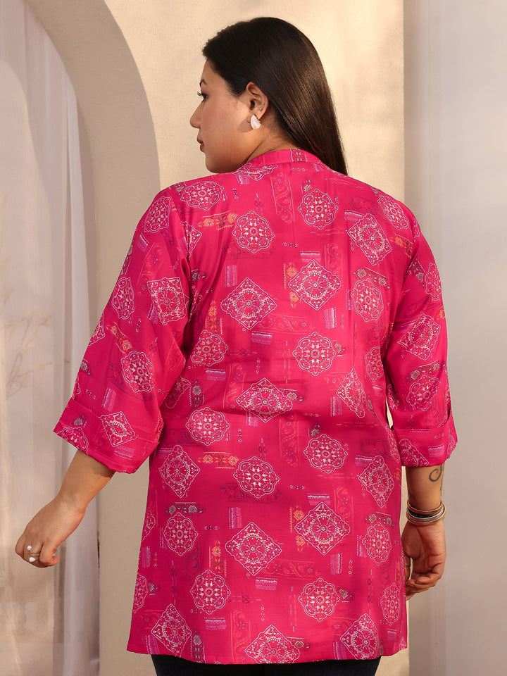 Plus Size Pink Printed Silk Blend Straight Short Kurti